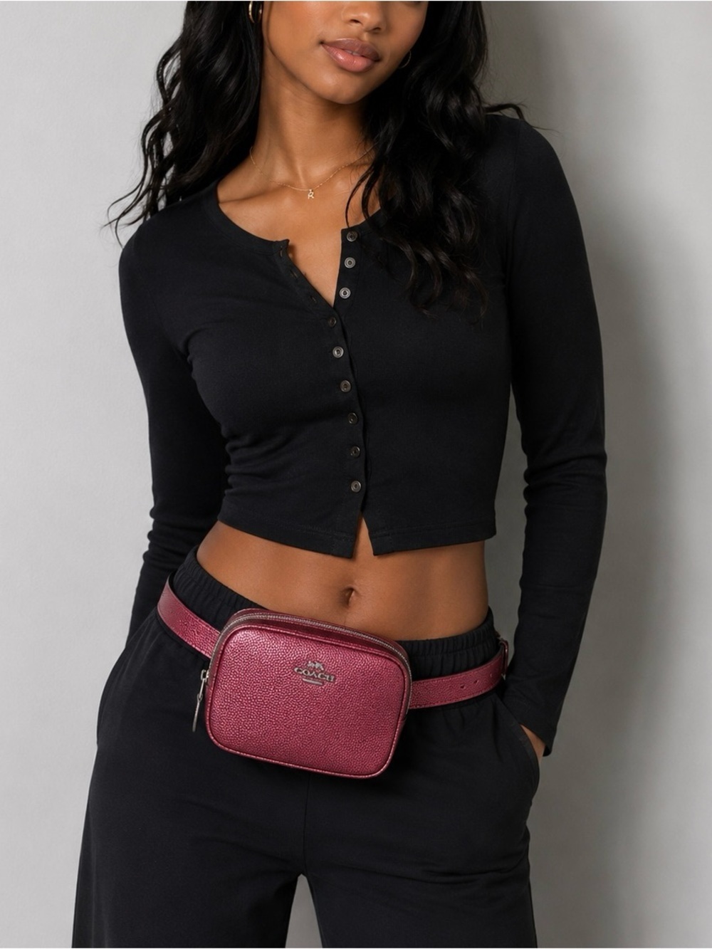 COACH Metallic Pebbled Leather Convertible Belt Bag Berry Pink Silver Like New